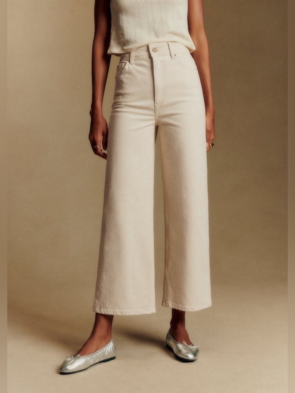 Sezane Beige Cropped Wide-Leg Jeans - Picture 2 of 4